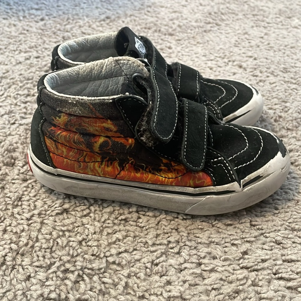 Vans - Boys fire design, black, orange vans, Velcro, size 11.5 C